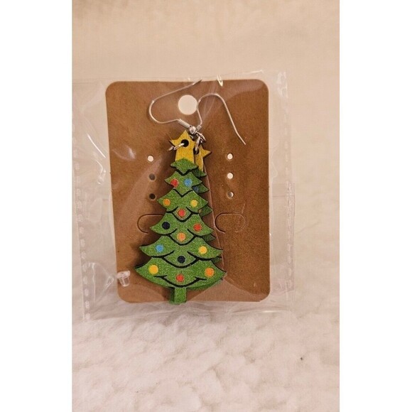 Wood Print Merry Christmas Trees Leopard Snowman Santa Claus Earrings 9 Pair - Picture 3 of 9